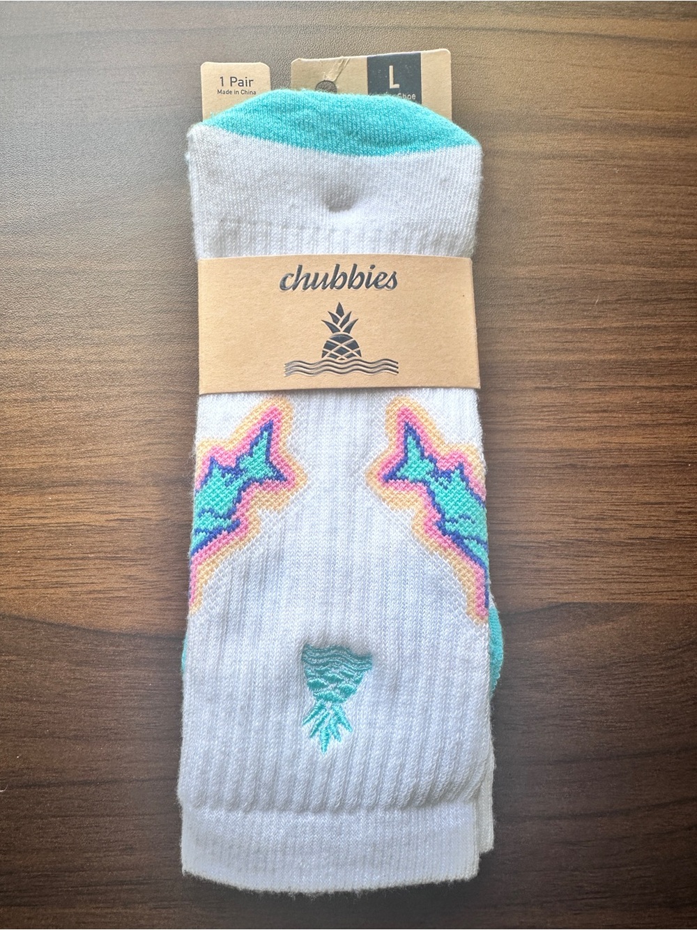 Chubbies White All Day Crew Socks with Teal Hammerhead Shark